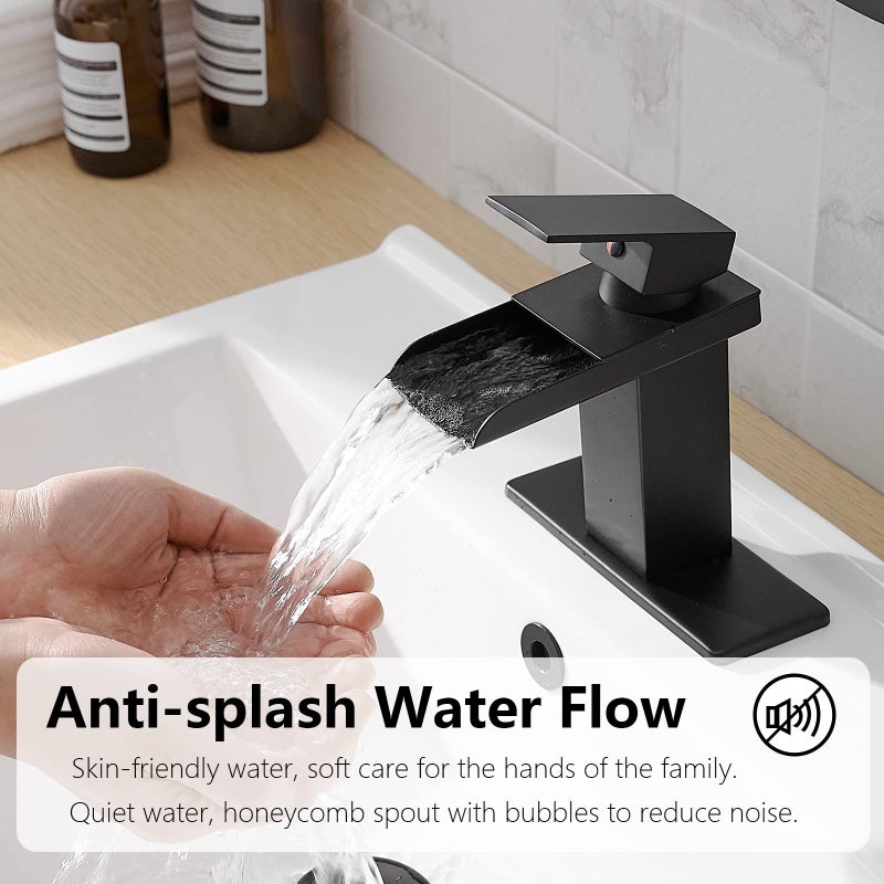 BATHLAVISH Waterfall Bathroom Faucet Single Hole, Matte Black Single Handle Bathroom Faucets for 1 or 3 Hole Sink Faucet w/Pop Up Drain Mixer Tap Basin Deck Supply Hoses - Image 5